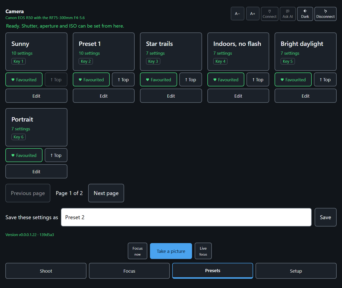 The Presets section: a grid of saved setups, each a large card with its name and key number, with Edit and a heart on each. Take a picture and the section tabs stay at the bottom.