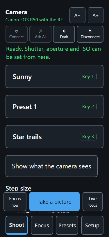 The same page on a phone at the default size: the camera's name, A minus and A plus, a row of four buttons labelled Connect, Ask AI, Device and Disconnect, then the presets.